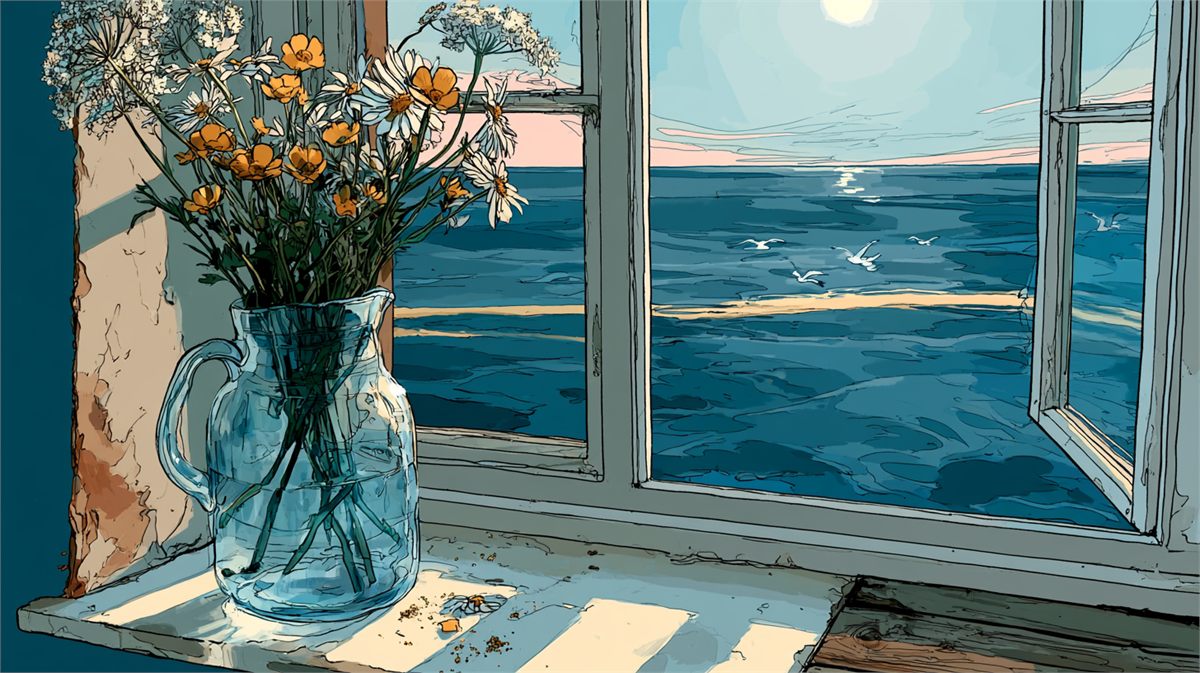 Daisies and buttercups in a glass jug on a sunlit windowsill, the sea and gulls beyond