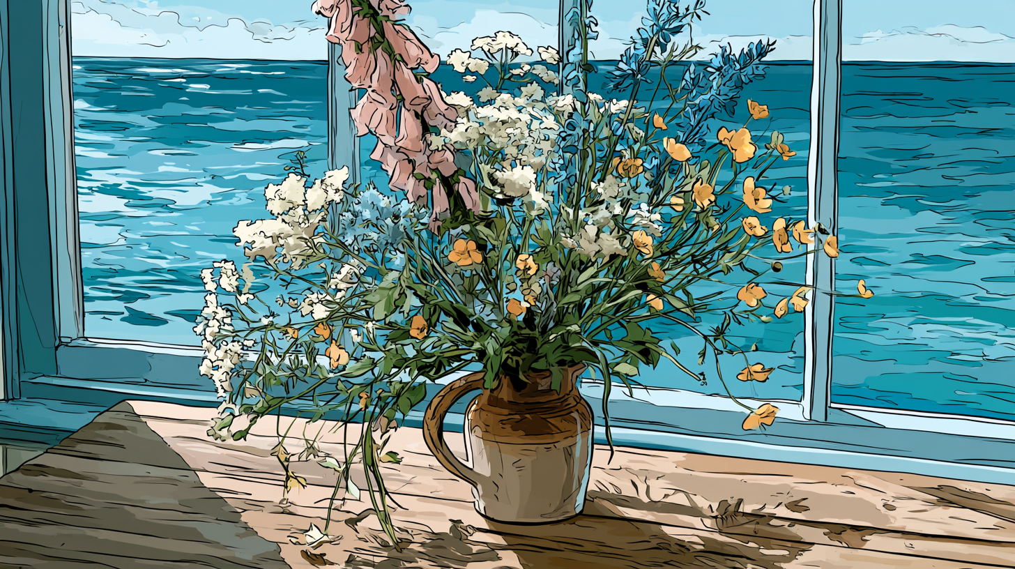 Wildflowers in a stoneware jug on a windowsill, the sea beyond
